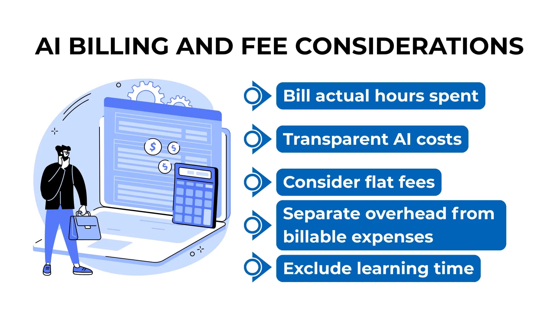 Businessman holding a briefcase stands by a laptop and calculator, listing tips like "Bill actual hours" and "Exclude learning time."