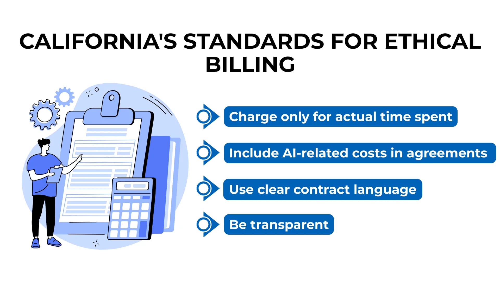 Legal billing standards for AI use in California, shown with clipboards, gears, and calculators.