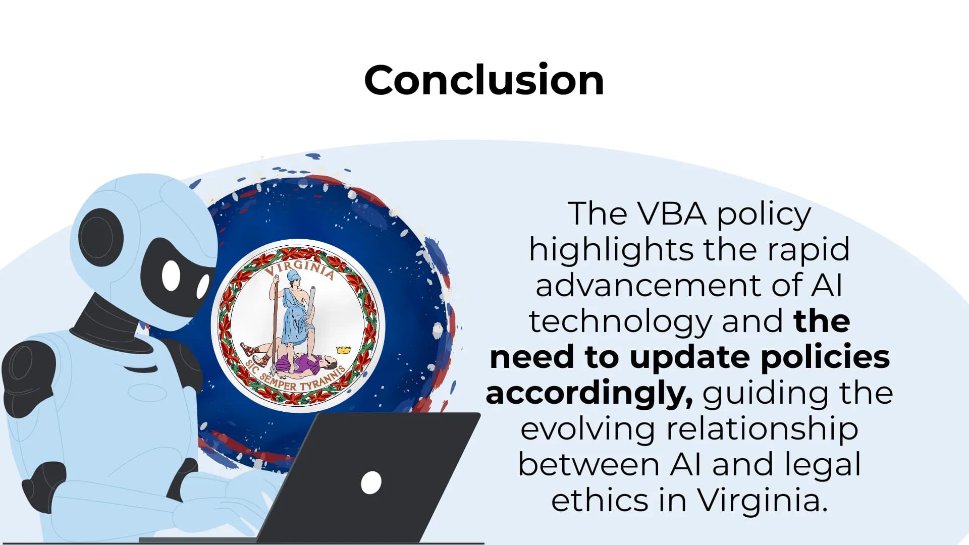 Robot facing Virginia seal emphasizes policy updates for AI use in legal ethics per VBA conclusion.