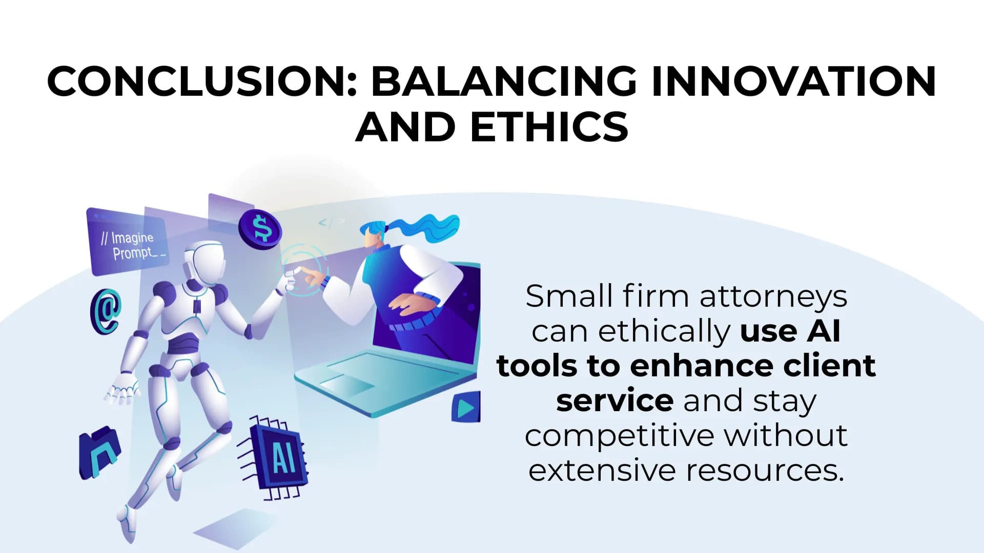 California Bar AI guidance summary with robot and phone graphic, stressing ethical use for small law firms.
