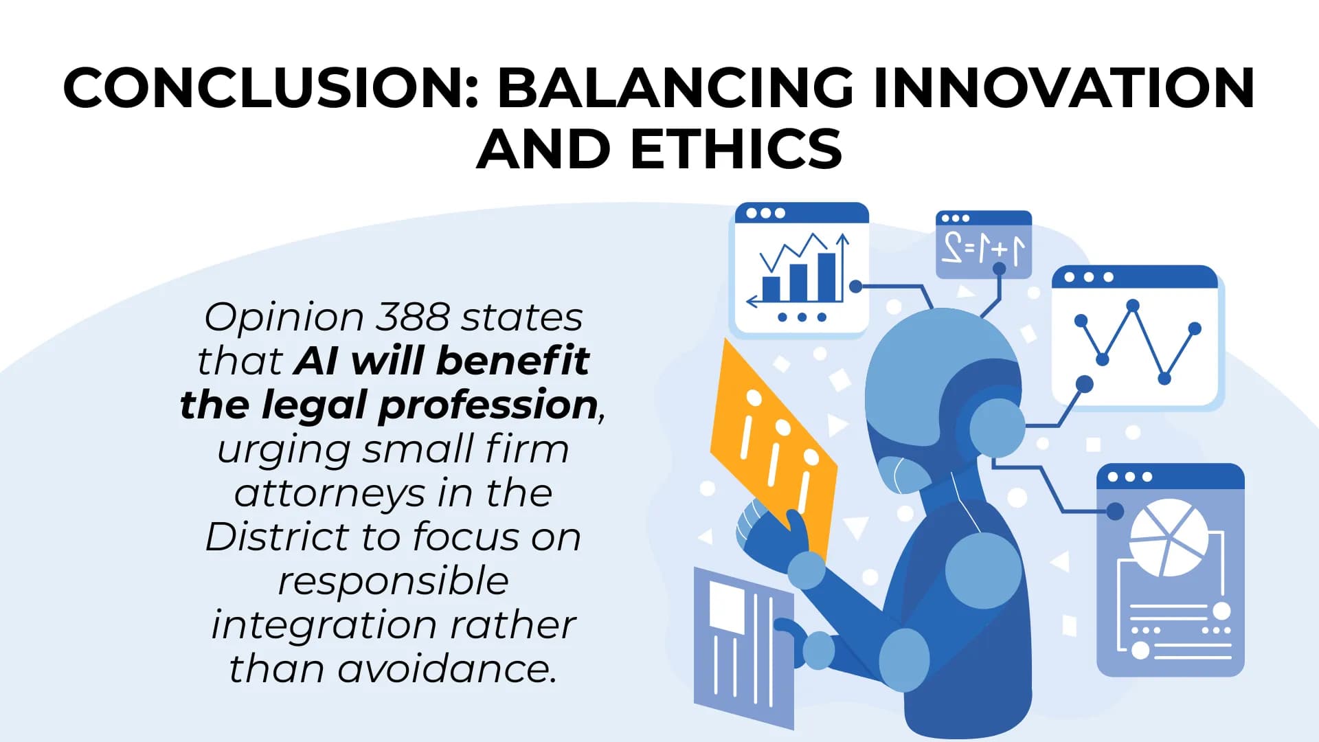 AI figure surrounded by graphs supports message that responsible AI use can help small firms, per Opinion 388.