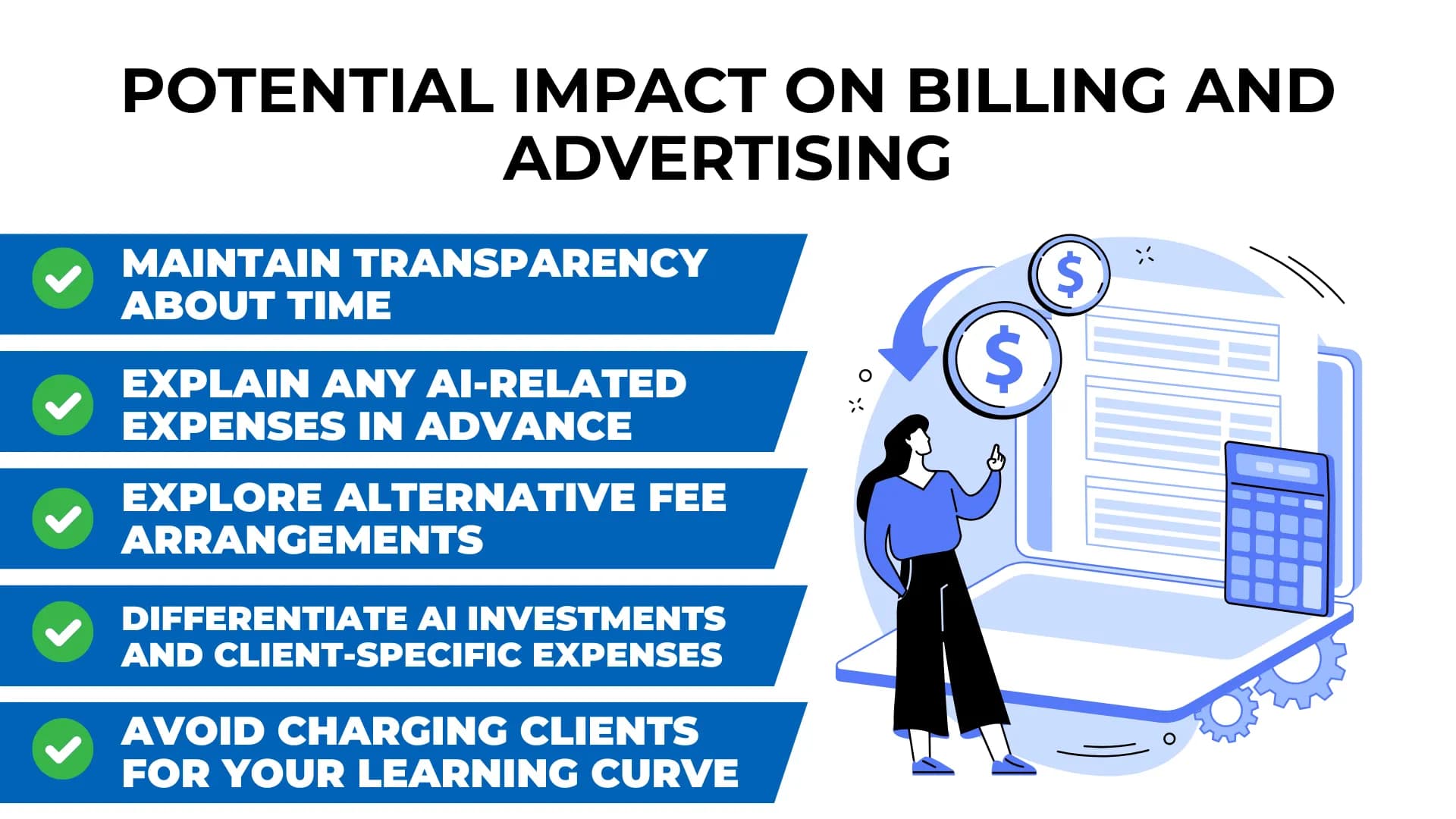 Lawyer and billing screen graphic shows five key AI billing tips, like being transparent and avoiding charges for learning.