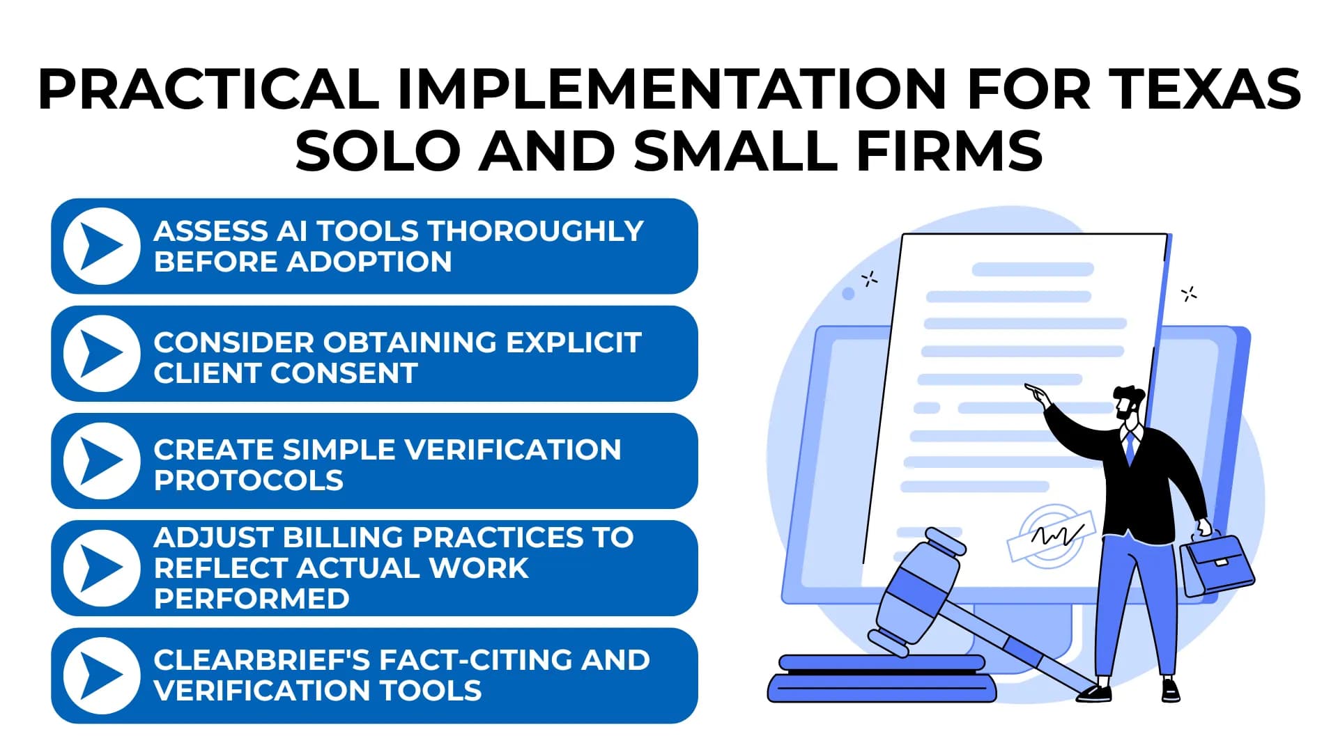 Lawyer pointing at a giant contract with a checklist of AI tips for Texas solo and small firms on the left.