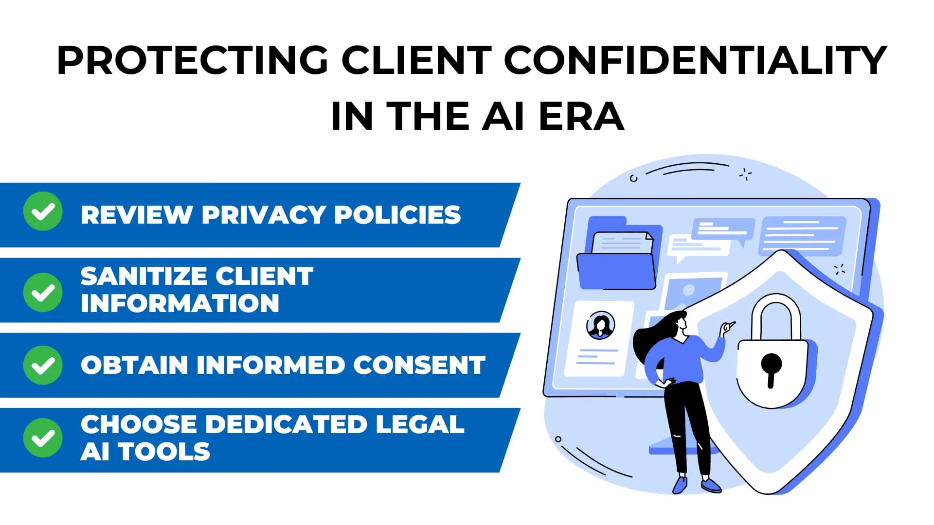 Woman stands in front of a giant lock and file system while checklist items highlight privacy, consent, and secure AI tools.