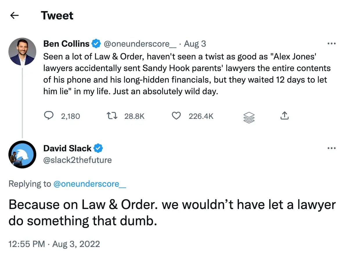 tweet from Ben Collins and Law & Order Writer David Slack