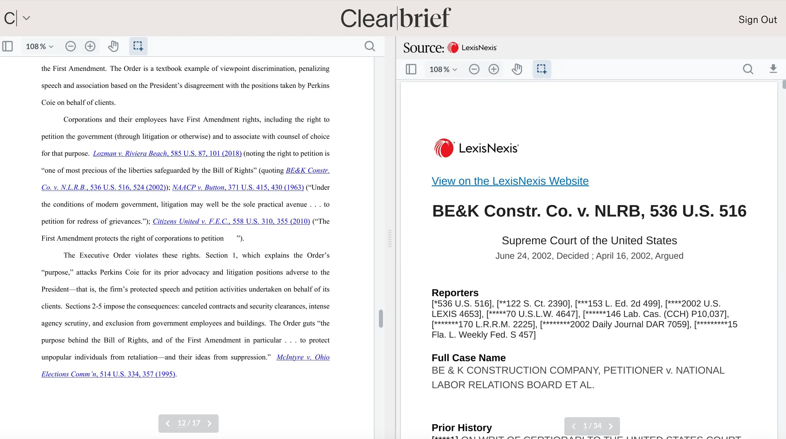Clearbrief shared document with a source from LexisNexis