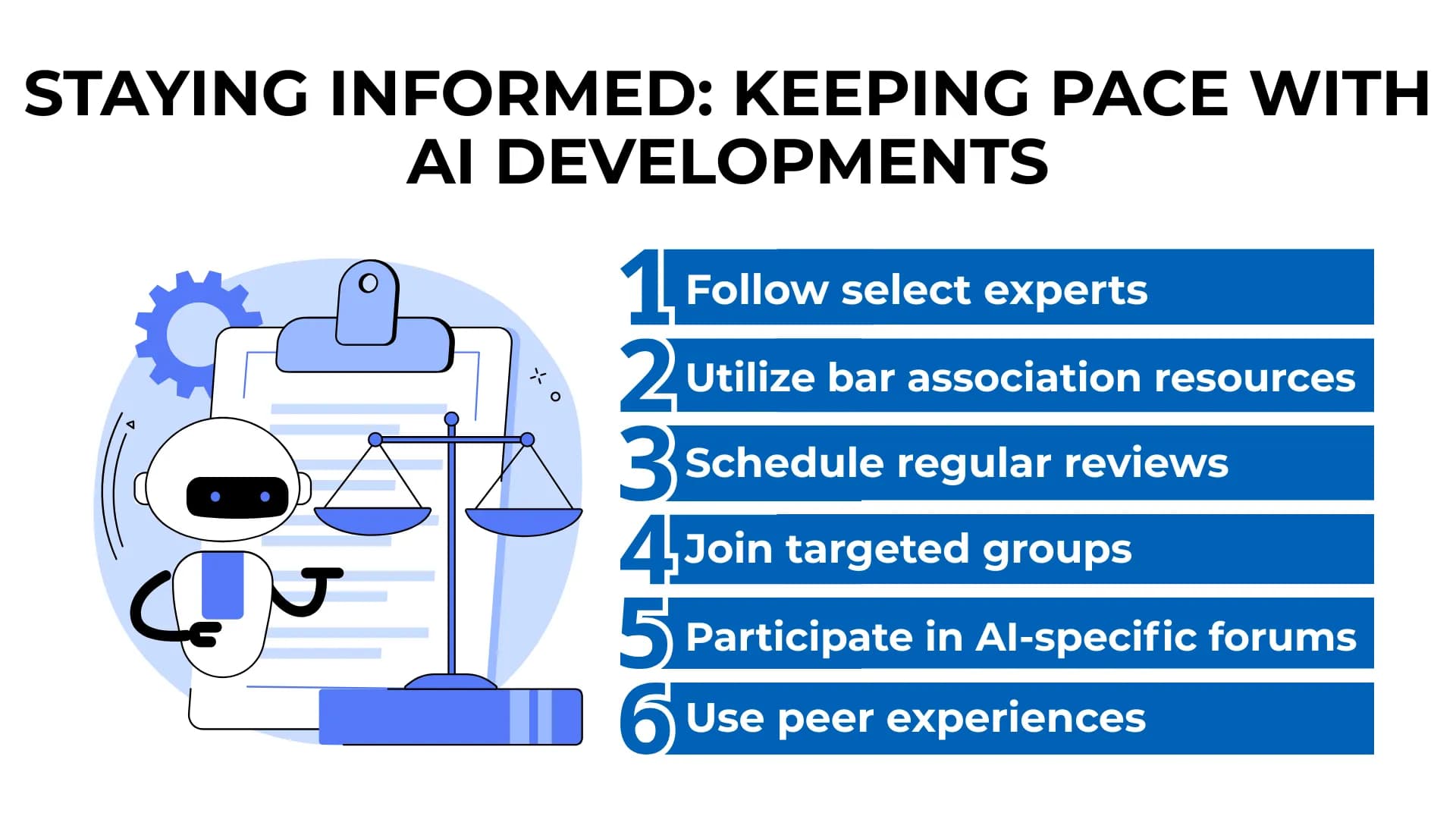 Smiling robot beside scales of justice and clipboard; list features "Follow experts" and "Join targeted groups."