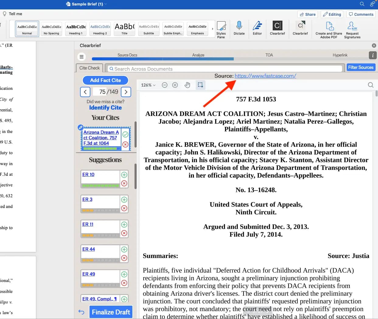screenshot of clearbrief with fastcase