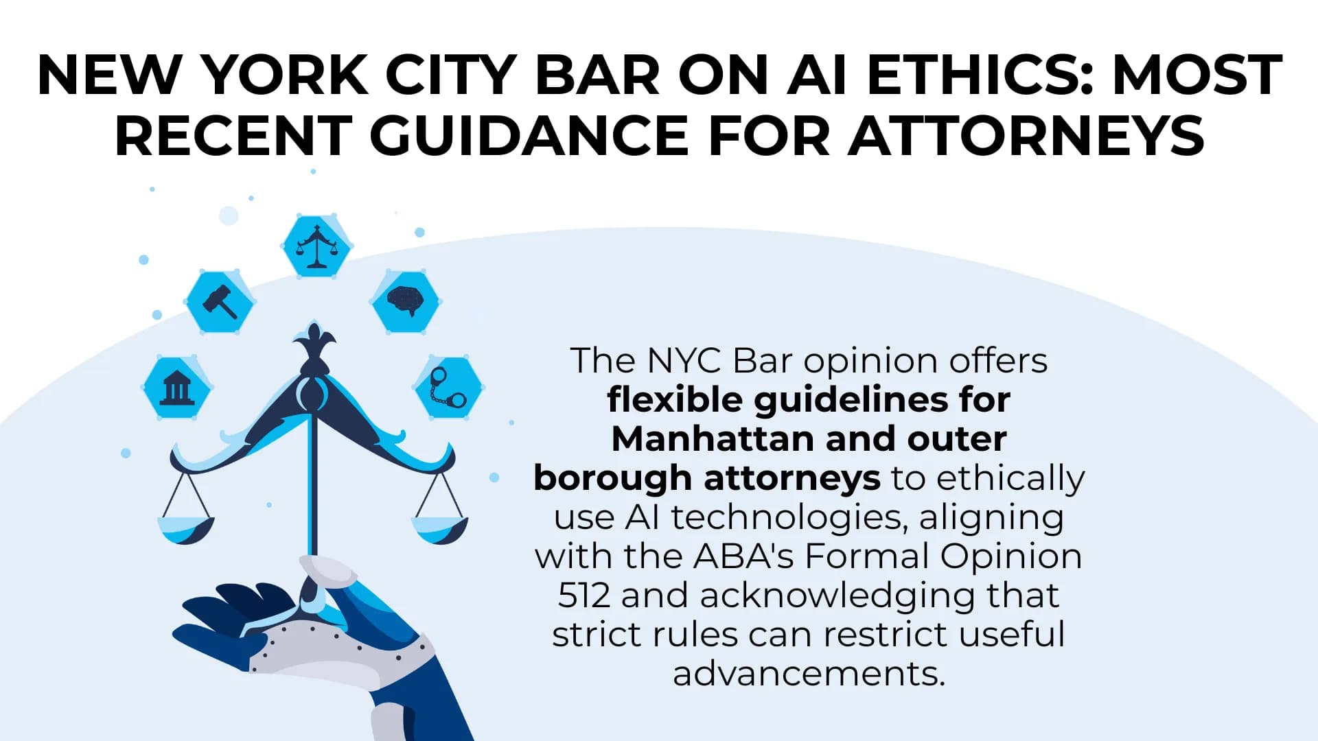 A summary of AI ethics rules for NYC lawyers shown with scales of justice, robot hand, and legal-tech icons.