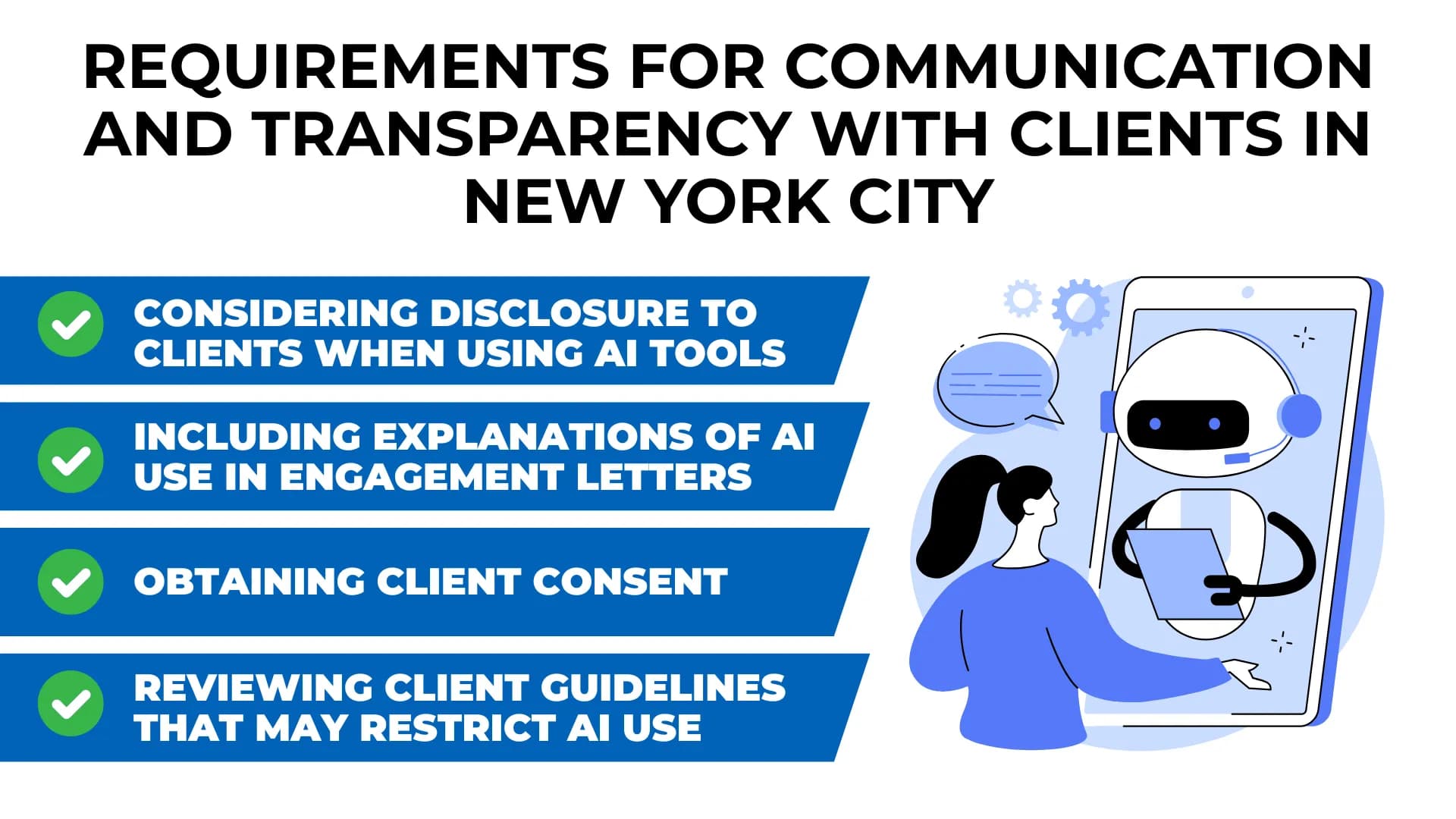 Chatbot meets client in graphic beside bold blue checklist on AI use, consent, and engagement letters.